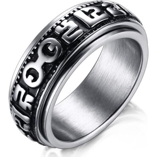 Rotatable Ring Men Stainless Steel Retro Mantra Ringen Spinner Rotating Ring Religious Lucky Jewelry