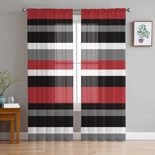 Red Black White Stripes Geometric Voile Tulle Sheer Curtains for Bedroom Living Room Kitchen Decor Chiffon Windows Curtain