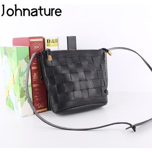 Johnature Vintage Weave Genuine Leather Women Bag 2021 New Korean Fashion Versatile Soft Cowhide Small Shoulder & Crossbody Bags
