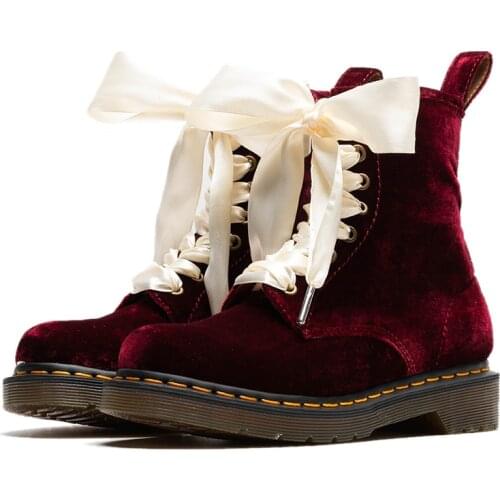 Womens Round Toe Velvet Leather Ankle Boots Ribbon Lace Up Christmas Gift Oxfords Shoes Bowtie Wine Red Colors Vintage New 2020