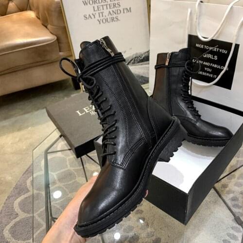 Pinskin Mid-calf boots women genuine leather shoes chunky heels british short riding botas student lace up motorcycle boots 2020