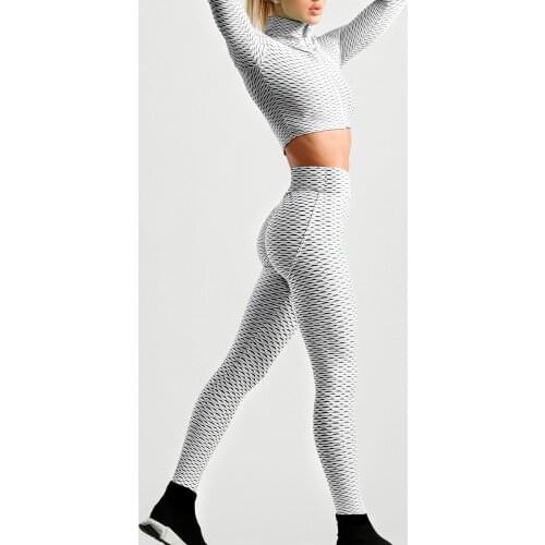 Womens seamless yoga suit jacquard long-sleeved high-waist hip-lifting gym suit tight-fitting elastic exercise sports suit