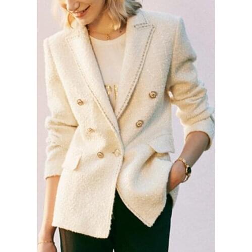 French style small fragracne tweed ol wool blazer women double breasted autumn winter small siut