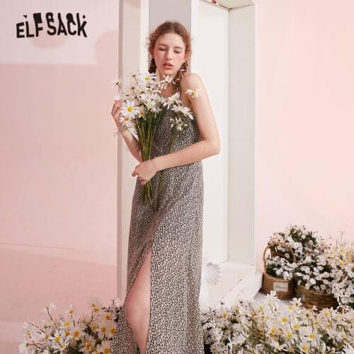 ELFSACK Floral Print High Waist Casual Summer Slip Dresses Women 2021 Split Hem Vintage Sexy Ladies Bohemia Holiday Dress
