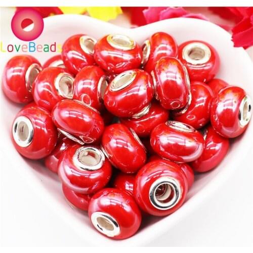 10Pcs Red Color Big Hole Round Loose Smooth Glass Beads Charms Fit for Pandora Bracelet Bangle Snake Chain DIY Jewelry Making