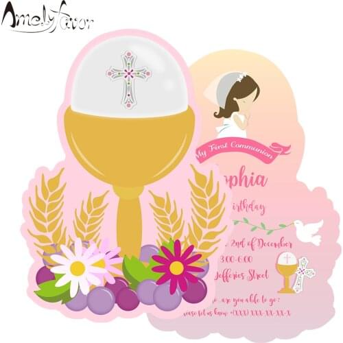 Girl Communion Theme Party Invitation Card Girls First Communion Event Party Decorations Supplies Custom-Made Invitations 16PCS