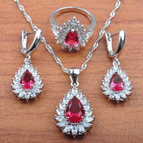 AAA Quality Water Drop Rose Red Crystal Silver Color Jewelry Set For Women Earrings Necklace Pendant Rings Set JS0395