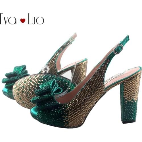 BS909 DHL Custom Handmade Gold Green Crystal Bow Shoes with Matching Bags Set Slingbacks Block Heel Women Bridal wedding Shoes