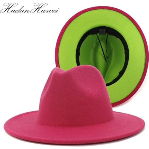 Rose Red Lime Green Patchwork Felt Hat Women Men Wide Brim Wool Jazz Fedora Hats Panama Trilby Cap Travel Holiday Hat