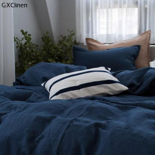 Linen Bedding Set Blue Solid Color Flax Bed Duvet Cover Flat/Fitted Sheet Pillowcases Single Twin Full Queen Quilt Cover Sets