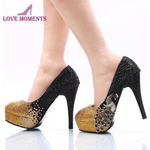 New Arrived Black With Gold Women Pumps Rhinestone Bridal Wedding Party Shoes Phoenix Stiletto of the Bride Wedding Shoes