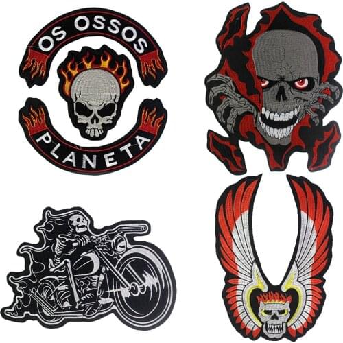 Letter Fire Skull Wings Back Patches Embroidered Motorcycle Biker Patches Iron on Motor Racing Rider for Vest Jackets 2pieces