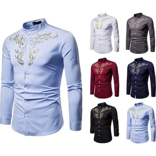 Men Shirts Luxury Casual Gold Embroidery Long Sleeve Shirt Top Blouse Autumn Winter Camisa Slim Fit Masculina Party Wear DT1799