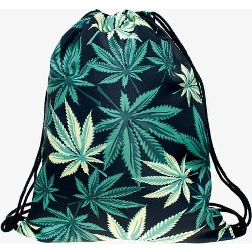 Hemp leaves backpack drawstring BAGS drawstring fashion 3D printing softback bags Womens shoulder bag knapsack women Femtie new