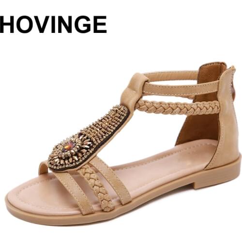 HOVINGE Women Flat Retro Boho Bohemia Sandals Shoes Woman Casual Peep Toe Ethnic Crystal String Bead Weave Sandals