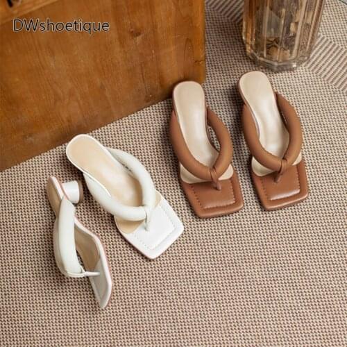 Summer genuine leather square toe women flip flops chunky heel casual women slides