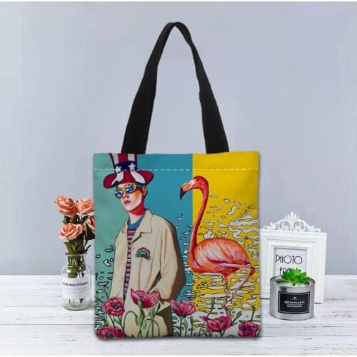 Animal Flamingo Handbag Foldable Shopping Bag Reusable Eco Large Unisex Canvas Fabric Shoulder Bag Tote Grocery Cloth Pouch 1214