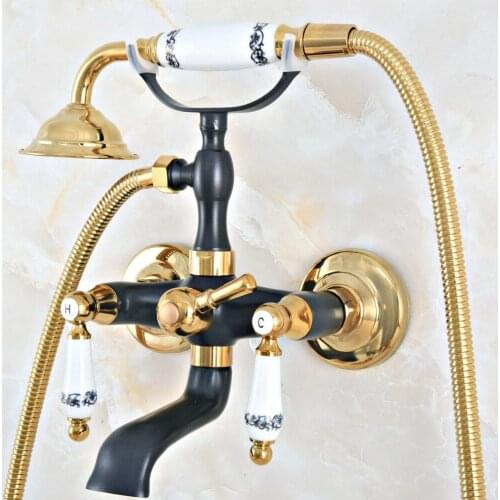 Black Gold Color Brass Bathtub Mixer Faucet Dual Handle Bath Shower Set with Hand Shower Swivel Tub Spout zna418