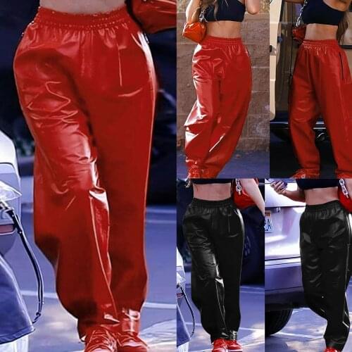 Warm Faux Leather Pants Women Autumn Winter Casual Loose Pockets Pants Black Red Female Elastic Waistband Pants Fashion Trousers