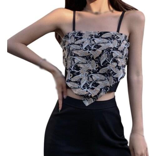 Womens Print Irregular Slim Sexy Backless Exposure Navel Fake Two Pieces Camisole Tank Top