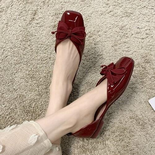 Women Flats Bowtie Square Toe Boat Shoes Patent Leather Slip on Flat Shoes Red Ballet Flats Black Ladies Shoes Loafers 9234N