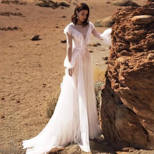 Bohemian Polka-Dot Tassel Wedding Dresses 2021 A-Line Lantern Long Sleeve O-Neck Backless Sweep Train Lace Bridal Gown Tulle