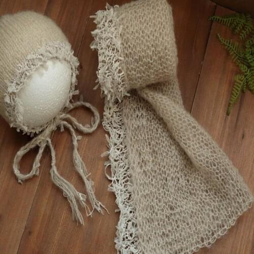 Crochet Baby Lace Fringe trim Mohair Wrap and Hat Baby Knit Carrier Bonnet Swaddle Blanket Layer Fabric Cocoon Photography Prop