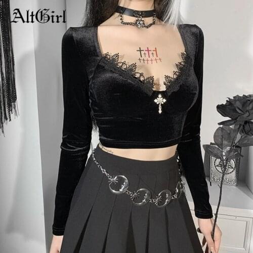 AltGirl Harajuku Gothic Velvet T-shirt Women Sexy Mall Goth Cross Long Sleeve Crop Tee Tops Y2k Emo Alt Bottom Corset T-shirts