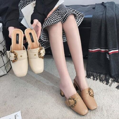 Outer wear womens shoes summer new fashion square toe high-heeled Muller shoes wild belt buckle Baotou half slippers