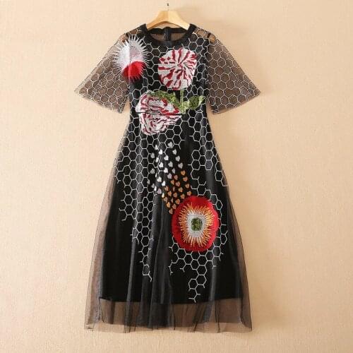 European and American womens wear for spring 2021 Round neck with five-quarter sleeves Mesh cross stitch Fashion Black Dress