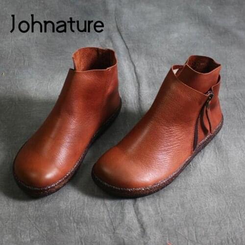 Johnature Women Boots Genuine Leather Ladies Shoes Zip 2020 New Spring/Autumn Handmade Retro Leisure Concise Platform Boots