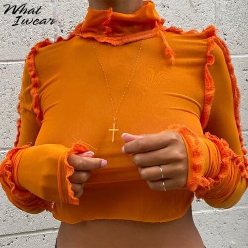 Women Casual T-shirts See through Crop Top y2k top Mesh Soft Fabric Long Sleeve autumn new tops shirts Female Party Club