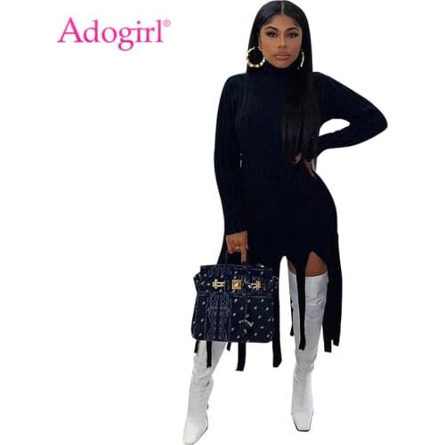 Adogirl Women Solid Ribbed Sweater tassel Short Dress S-4XL Turtleneck Long Sleeve Bodycon Thick Mini Vestidos Office Robes
