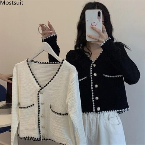 Spring Autumn Vintage Knitted Cardigan Sweater Women Long Sleeve Single Breasted V-neck Pockets Tops Korean 2021