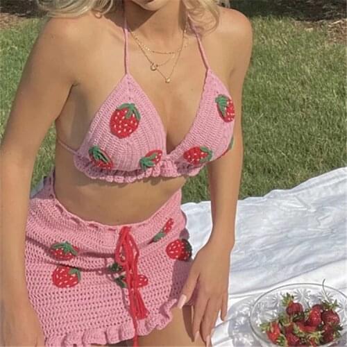 2021 Autumn Women Sets Knitting Halter Top and Knited Skirts Hollow Out Pink Strawberry