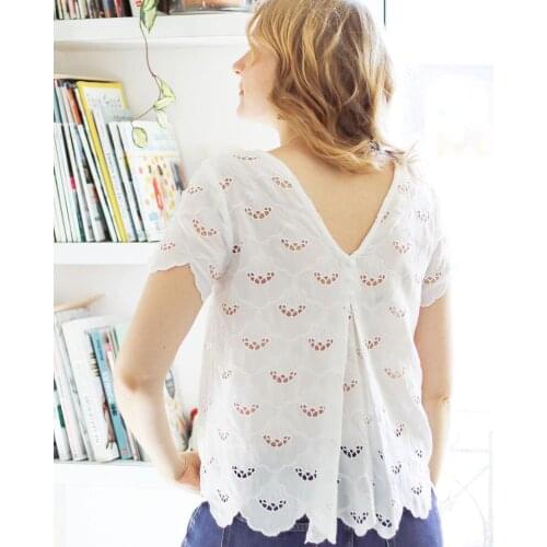 Embroidery Chic Top Women 2020 O neck Scalloped Short Sleeve Backless Hollow Out Sexy Blouses Summer Vintage Shirts Tops