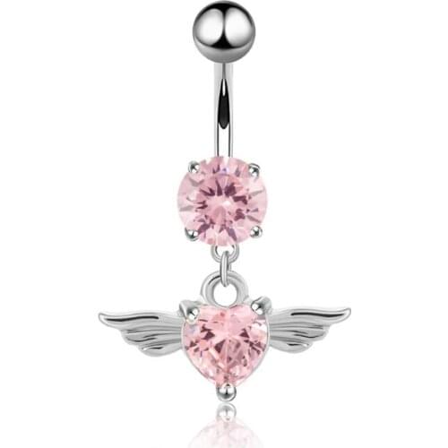 Women Fashion Piercing Pink Color Crystal Heart Wing Belly Navel Ring Dangle Personality Body Jewelry Accessories