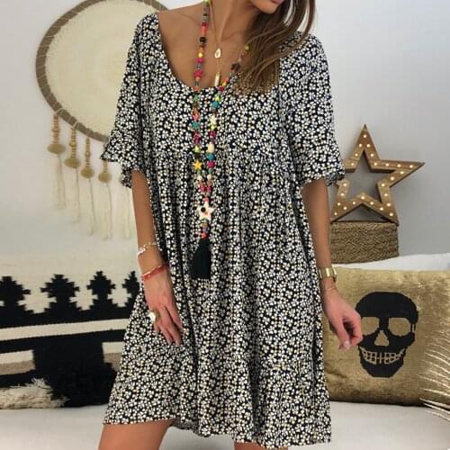 Women Boho Dress Floral Ruffle Short Mini Dress Summer Sexy Female O-neck Party Holiday Dress Femme Vestido De Mujer 2021 #T1G