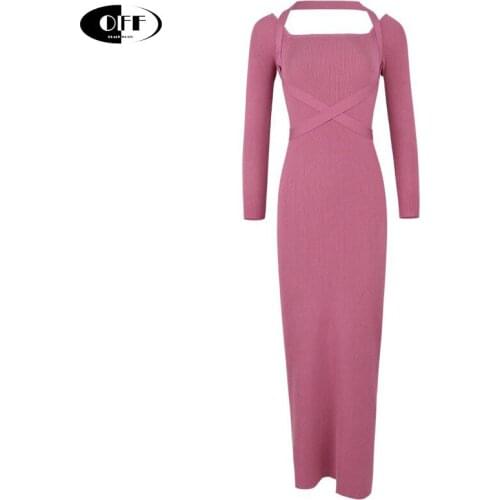 High quality elegant solid kint midi-long dresses women Bandage bodycon long sleeve knitting dress chic knitted clothes casual