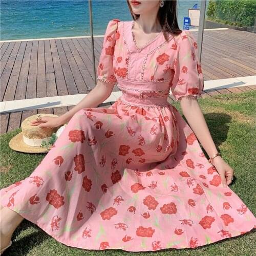 2021 Summer Vintage Dress For Woman Cotton Linen V Neck Rose Printed Vestidos Dress Lady Short Sleeve Party Dresses For Woman