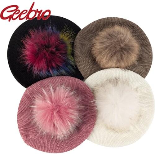 Geebro Women Spring Autumn Knitted Soft Berets with Real Ball Pom Pom Ladies Solid Flat Cap Fashion Crochet French Painter Hat