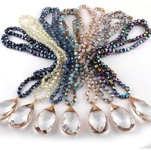 Free Shipping Fashion Bohemian Jewelry 6mm Square Glass Long Knotted Glass Drop Pendant Necklaces For Women