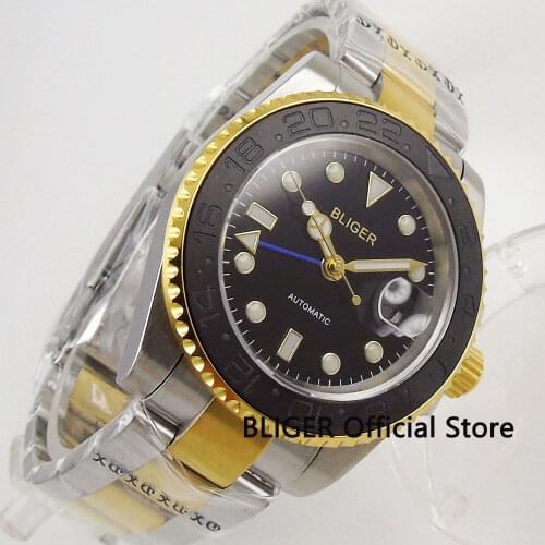 Sapphire Crystal 40mm GMT Function Automatic Merns Watch Stainless Steel Bracelet Gold Plated Edge Brushed Ceramic Bezel