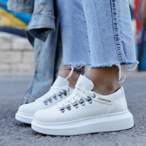Chekich Casual Shoes For Womens & Mens White Faux Leather Laces Unisex New Trends 2021 Summer Vulcanized Material Wedding High Outsole Solid Platform Sneakers Flexible Air Breathable Nature Walking CH021 Women V4