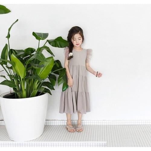 New 2020 Flying Sleeve Kids Summer Dress for Girls Dress Toddler Midi Dress Mesh Patchwork Baby Princess Dress Cotton Lace,#3933