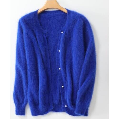 Long hair mink double layer thickened cardigan womens sweater loose medium long pearl button Lantern Sleeve mink coat