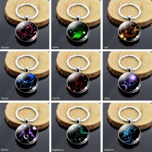 Twelve Constellation Double Sided Keychain Aries Gemini Leo Scorpio Pisces Zodiac Sign Key Rings Keyholder Christmas Couple Gift