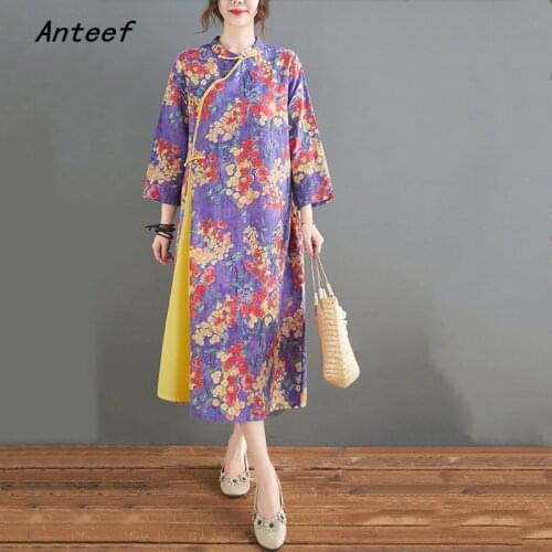 Cotton linen plus size vintage floral dresses for women casual loose long woman summer dress elegant clothes 2021 sundress