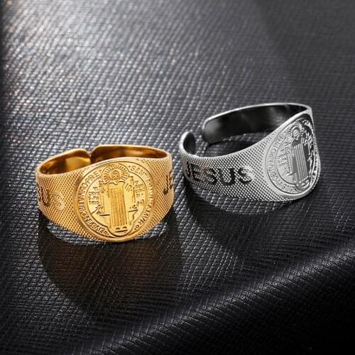 Catholic Patron Saint St Benedict Of Nursia Holy Medal Jesus Ring 316L Stainless Steel Men Women Fashion Jewelry VRSNSMV SMQLIVB