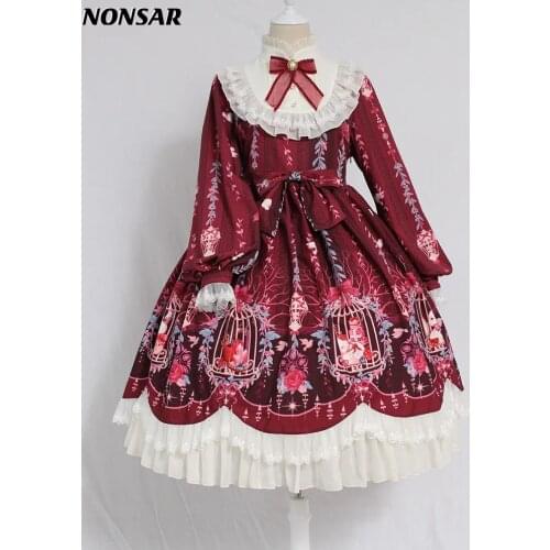 NONSAR Classic Lolita Dress Cage Dream Handle Bow Tie Lace OP Long Sleeved Autumn And Winter Dress